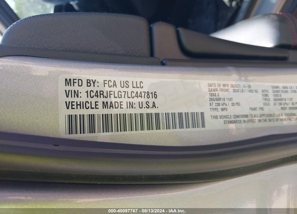 2020 JEEP GRAND CHEROKEE TRAILHAWK VIN: 1C4RJFLG7LC447816