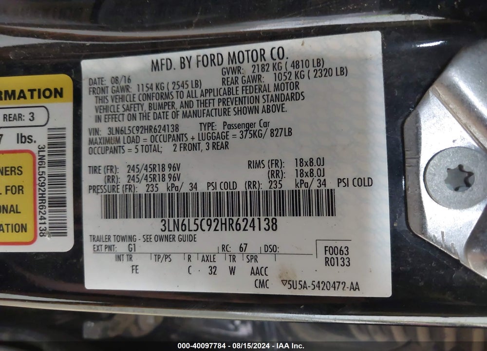 2017 LINCOLN MKZ SELECT VIN: 3LN6L5C92HR624138