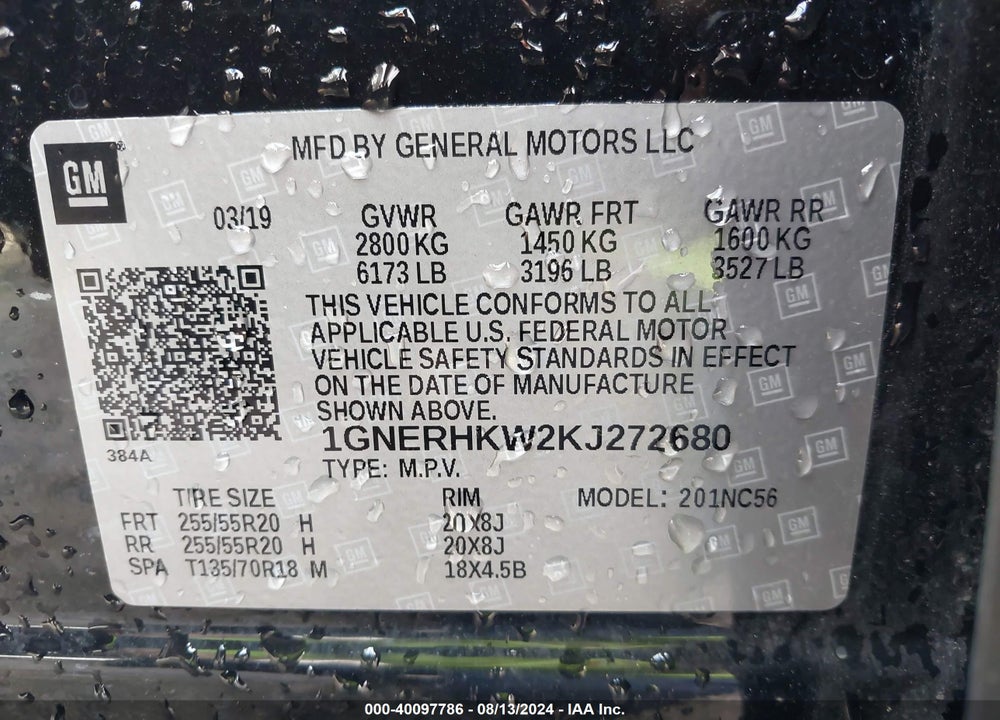 2019 CHEVROLET TRAVERSE 3LT VIN: 1GNERHKW2KJ272680