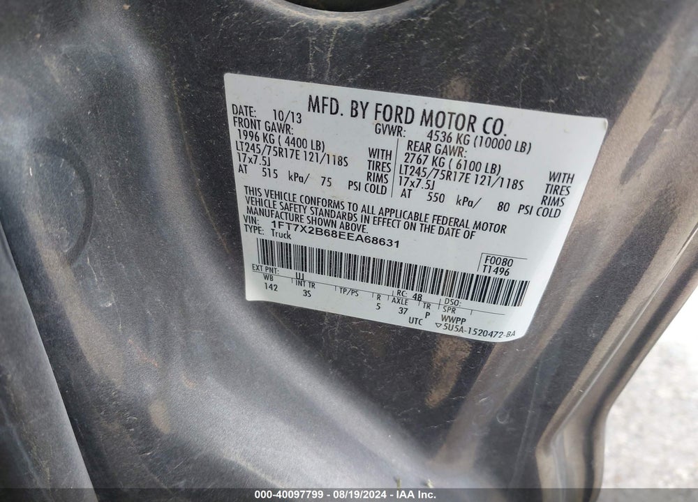 2014 FORD F-250 XLT VIN: 1FT7X2B68EEA68631