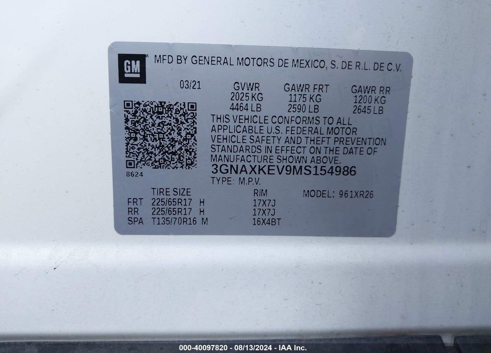 2021 CHEVROLET EQUINOX FWD LT VIN: 3GNAXKEV9MS154986