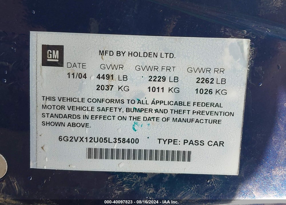 2005 PONTIAC GTO VIN: 6G2VX12U05L358400