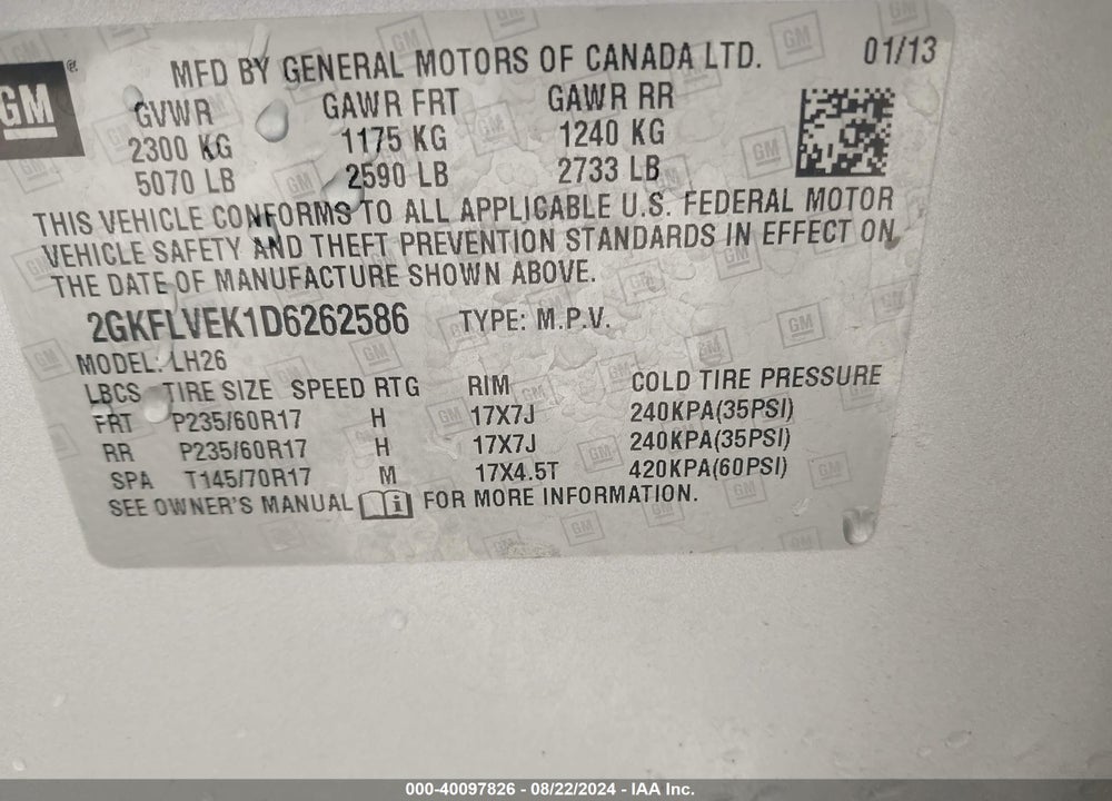 2013 GMC TERRAIN SLT-1 VIN: 2GKFLVEK1D6262586