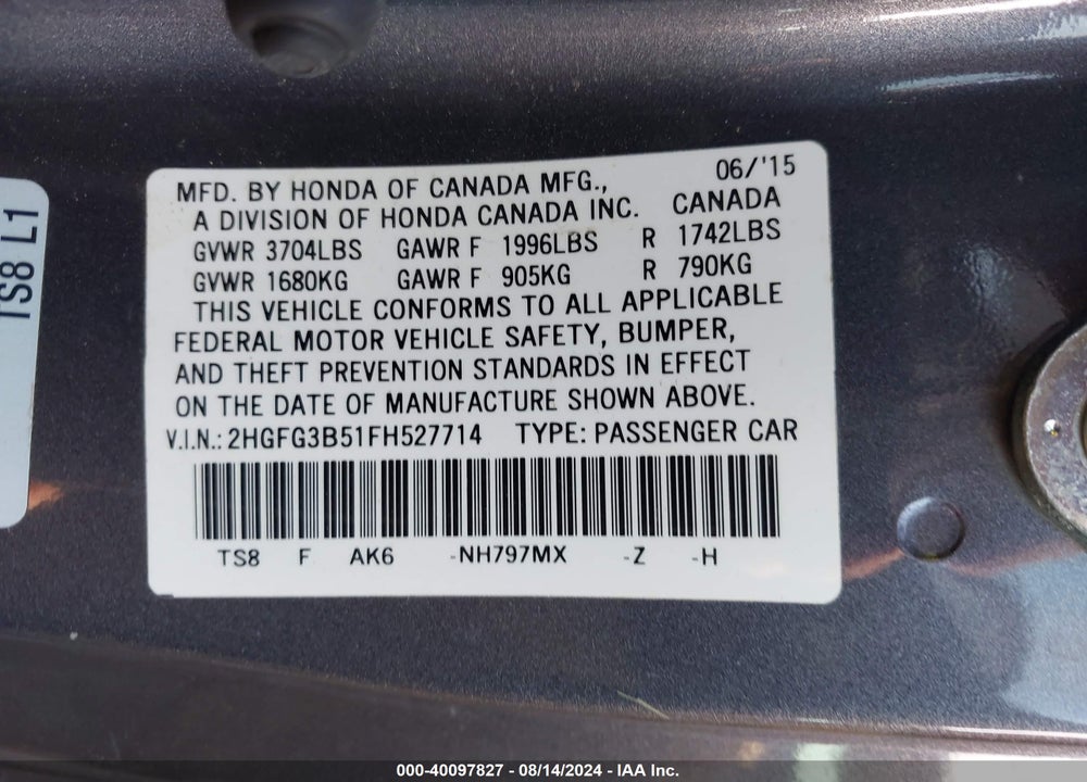 2015 HONDA CIVIC LX VIN: 2HGFG3B51FH527714