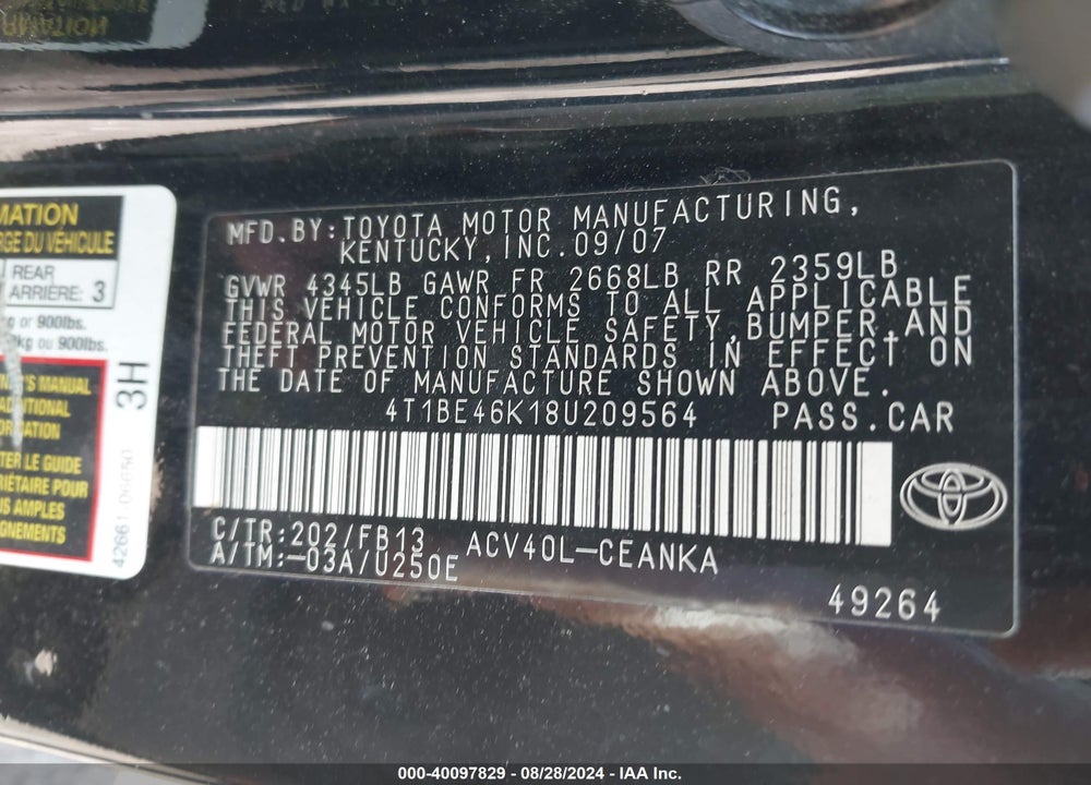 2008 TOYOTA CAMRY LE VIN: 4T1BE46K18U209564