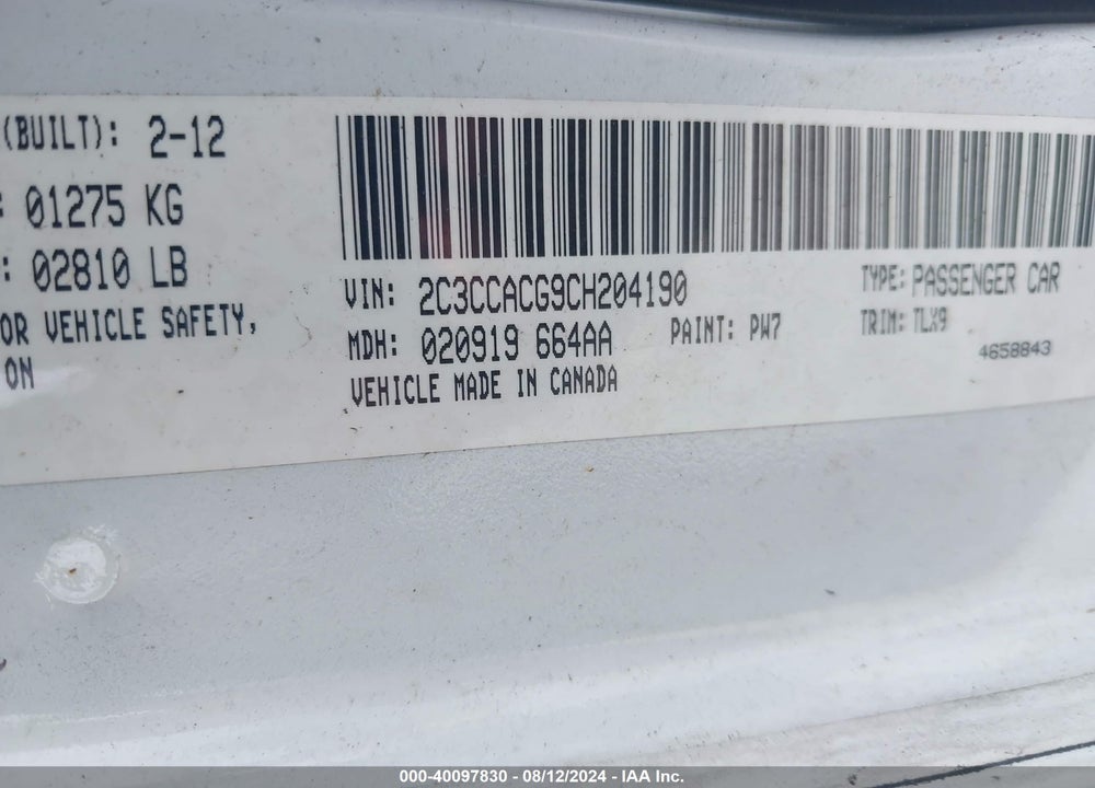 2012 CHRYSLER 300 LIMITED VIN: 2C3CCACG9CH204190