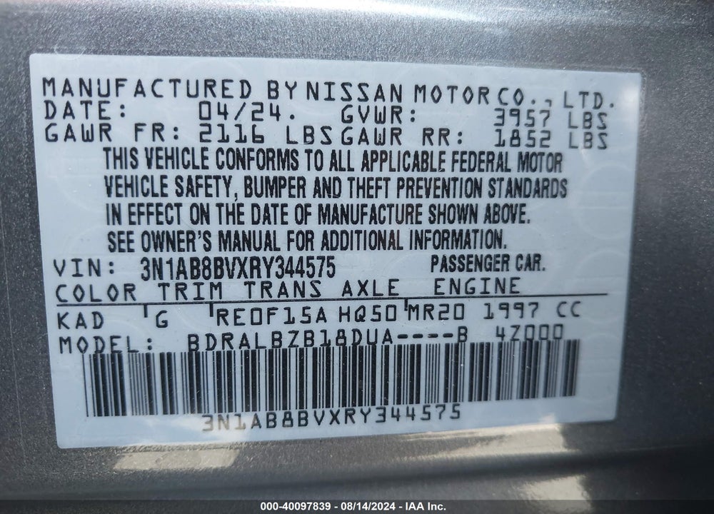 2024 NISSAN SENTRA S XTRONIC CVT VIN: 3N1AB8BVXRY344575