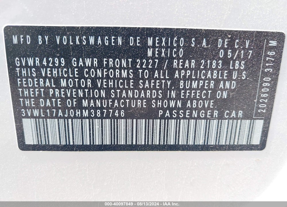 2017 VOLKSWAGEN JETTA 1.8T SEL/1.8T SEL PREMIUM VIN: 3VWL17AJ0HM387746