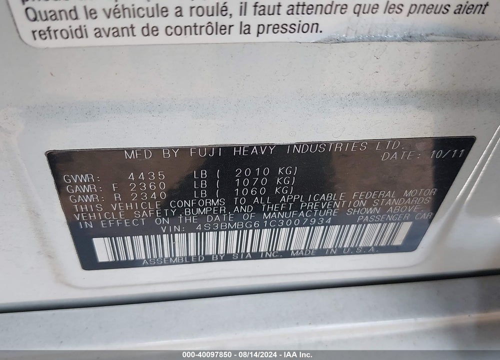 2012 SUBARU LEGACY 2.5I PREMIUM VIN: 4S3BMBG61C3007934