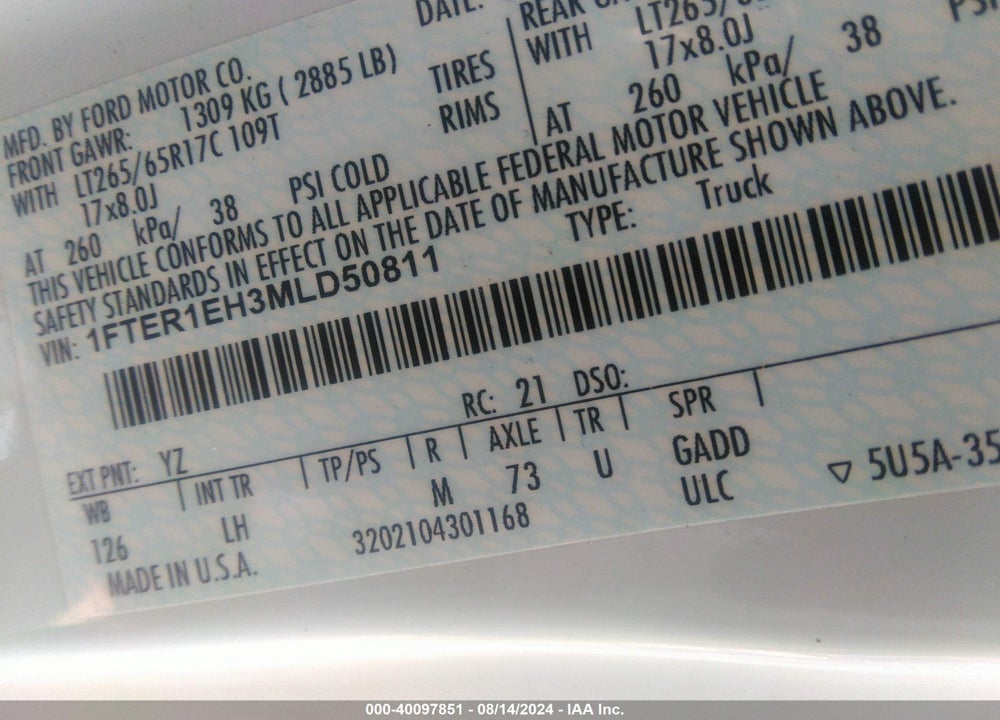 2021 FORD RANGER XLT VIN: 1FTER1EH3MLD50811