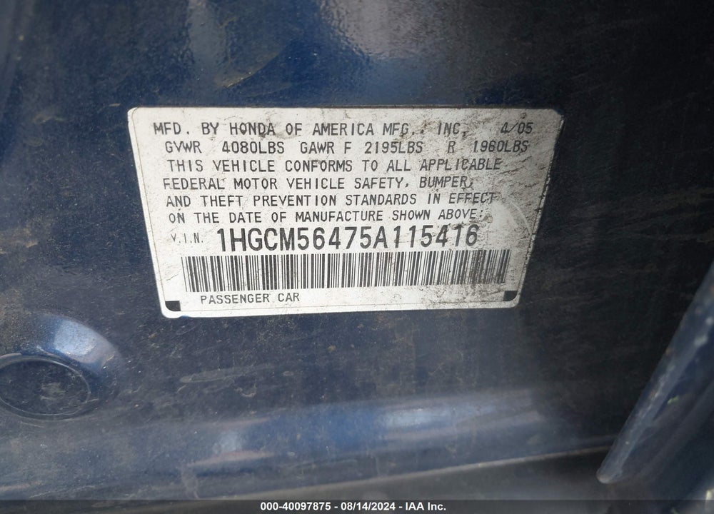 2005 HONDA ACCORD VIN: 1HGCM56475A115416