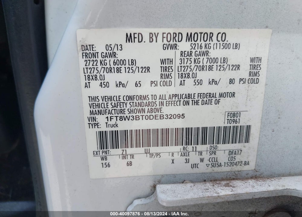 2013 FORD F-350 LARIAT VIN: 1FT8W3BT0DEB32095