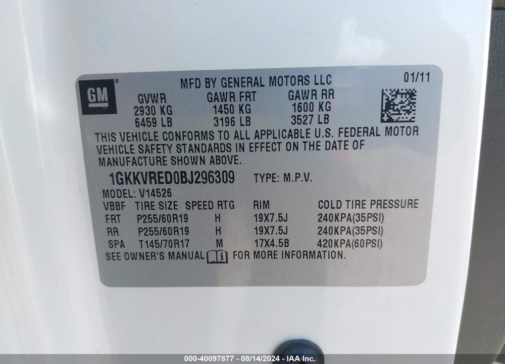 2011 GMC ACADIA SLT-1 VIN: 1GKKVRED0BJ296309