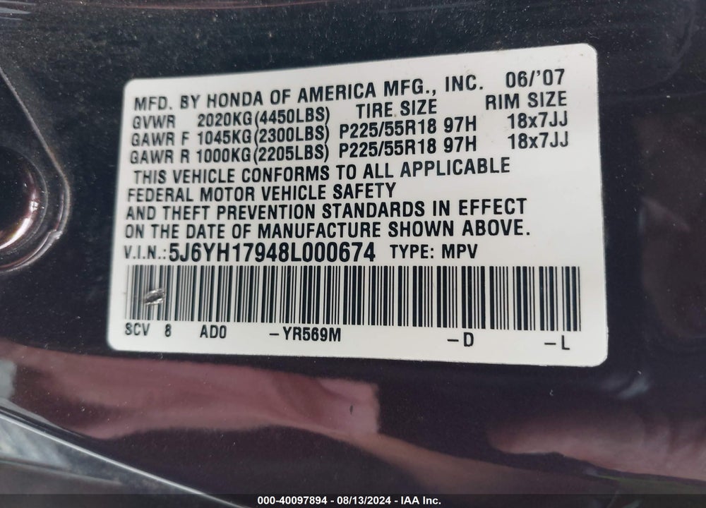 2008 HONDA ELEMENT SC VIN: 5J6YH17948L000674