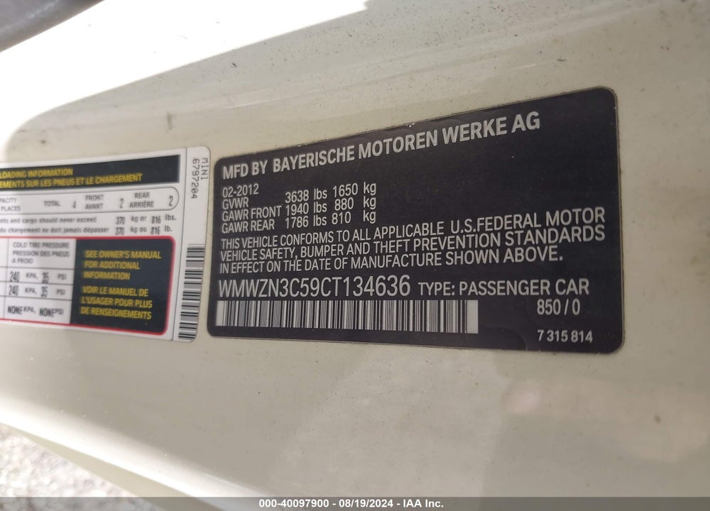 2012 MINI COOPER VIN: WMWZN3C59CT134636