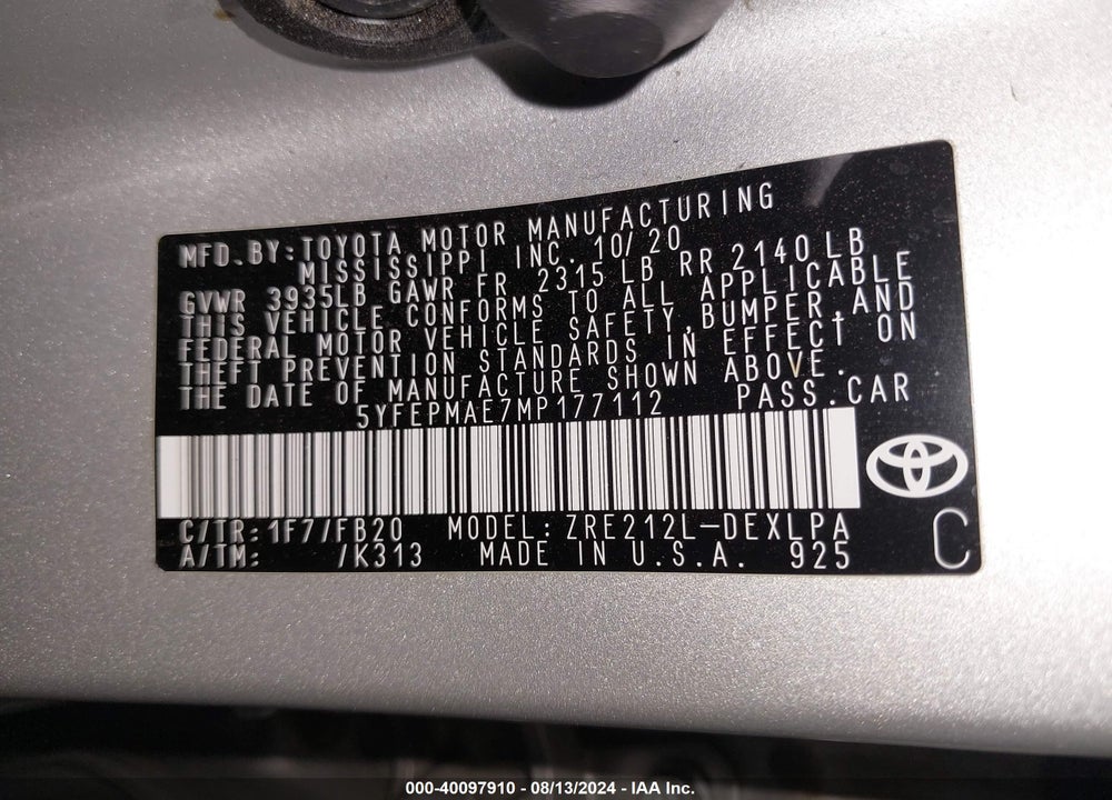 2021 TOYOTA COROLLA LE VIN: 5YFEPMAE7MP177112