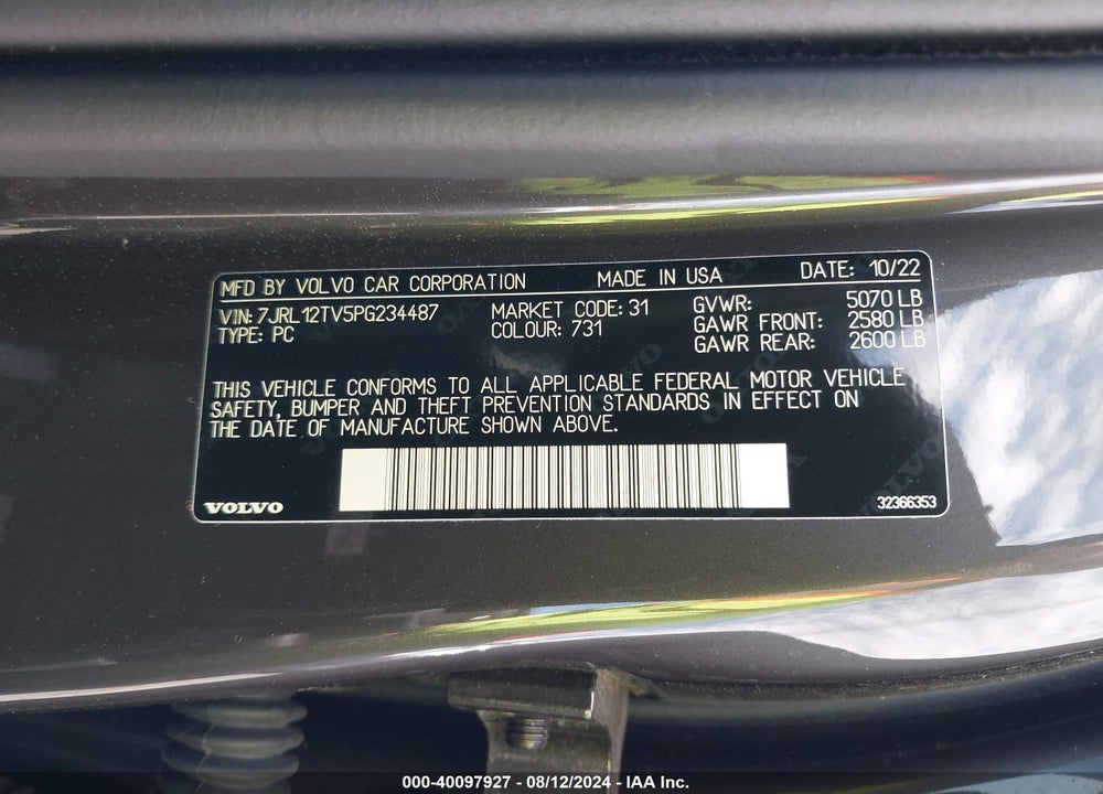 2023 VOLVO S60 B5 CORE DARK THEME VIN: 7JRL12TV5PG234487