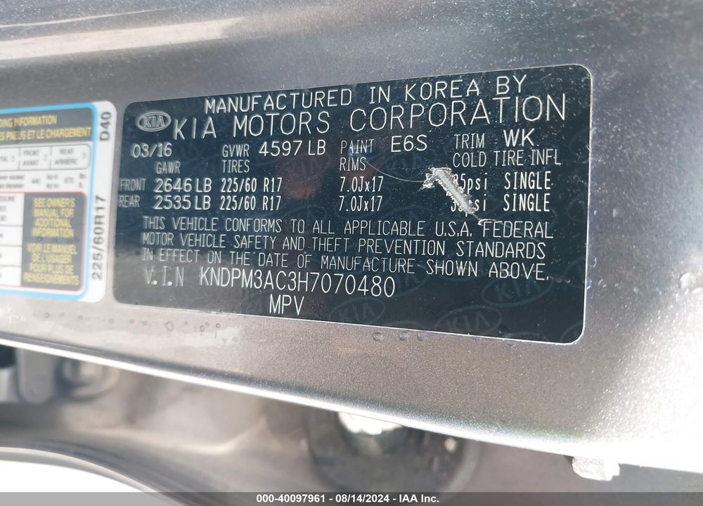2017 KIA SPORTAGE LX VIN: KNDPM3AC3H7070480