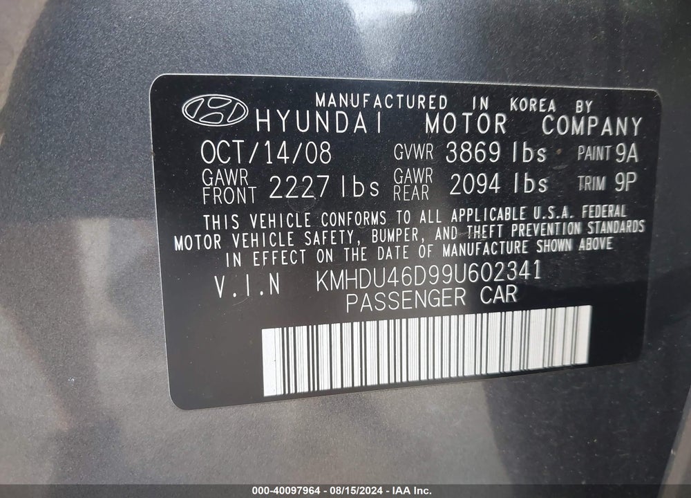 2009 HYUNDAI ELANTRA SE VIN: KMHDU46D99U602341