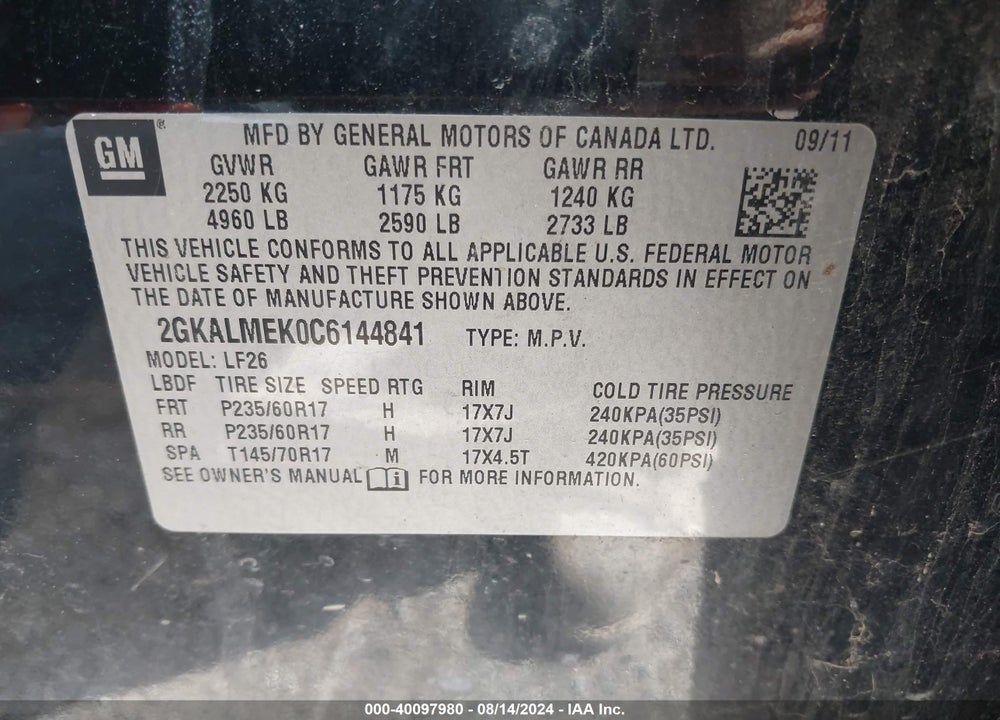 2012 GMC TERRAIN SLE-1 VIN: 2GKALMEK0C6144841