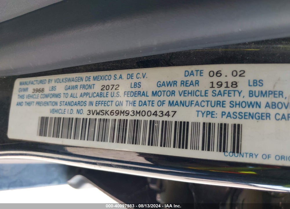 2003 VOLKSWAGEN JETTA GLS 2.0L VIN: 3VWSK69M93M004347
