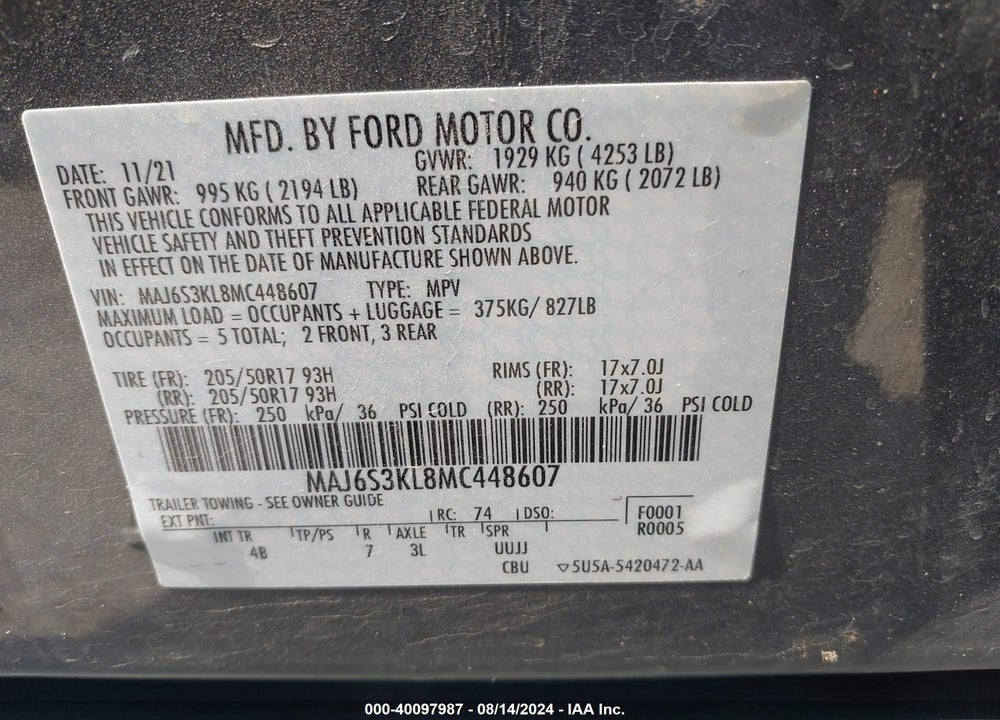 2021 FORD ECOSPORT TITANIUM VIN: MAJ6S3KL8MC448607