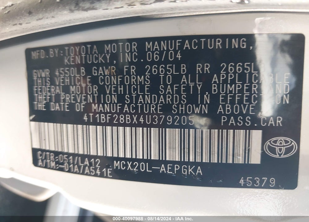2004 TOYOTA AVALON XLS VIN: 4T1BF28BX4U379205