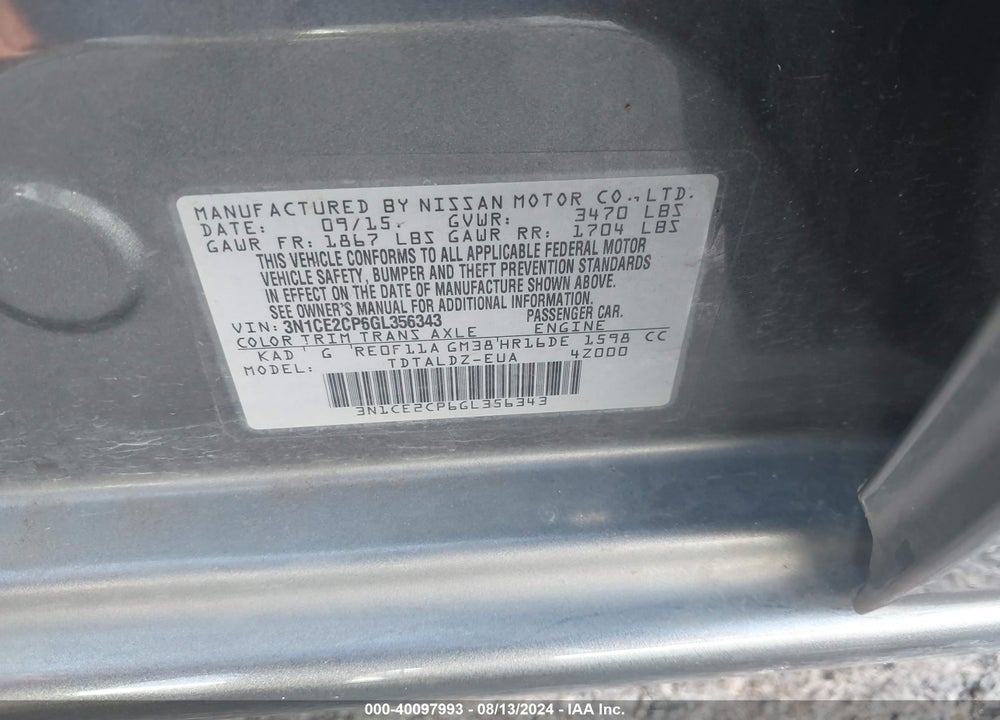 2016 NISSAN VERSA NOTE S (SR)/S PLUS/SL/SR/SV VIN: 3N1CE2CP6GL356343