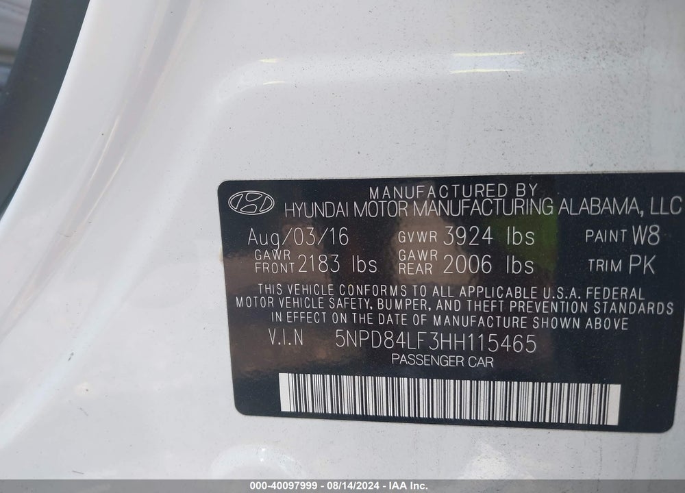 2017 HYUNDAI ELANTRA SE VIN: 5NPD84LF3HH115465