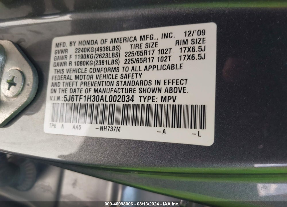2010 HONDA ACCORD CROSSTOUR EX VIN: 5J6TF1H30AL002034