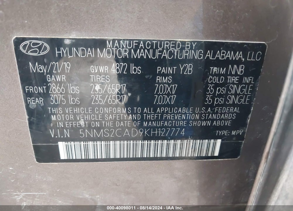 2019 HYUNDAI SANTA FE SE VIN: 5NMS2CAD9KH127774
