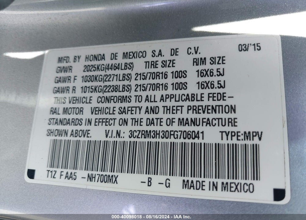 2015 HONDA CR-V LX VIN: 3CZRM3H30FG706041