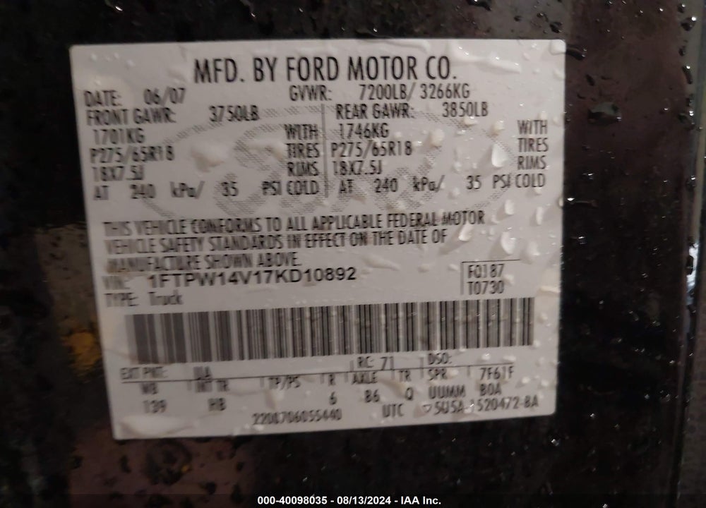 2007 FORD F-150 FX4/LARIAT/XLT VIN: 1FTPW14V17KD10892