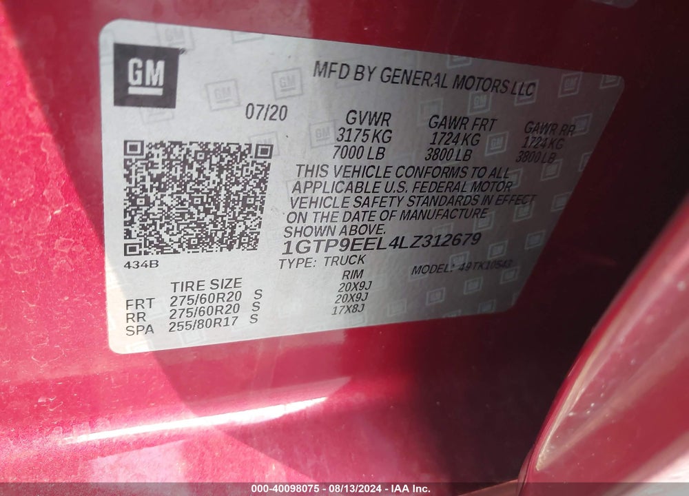 2020 GMC SIERRA 1500 4WD SHORT BOX AT4 VIN: 1GTP9EEL4LZ312679