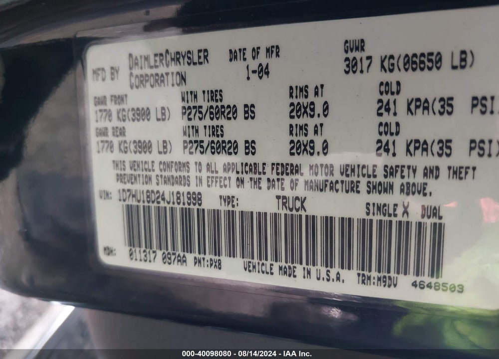 2004 DODGE RAM 1500 VIN: 1D7HU18D24J181998