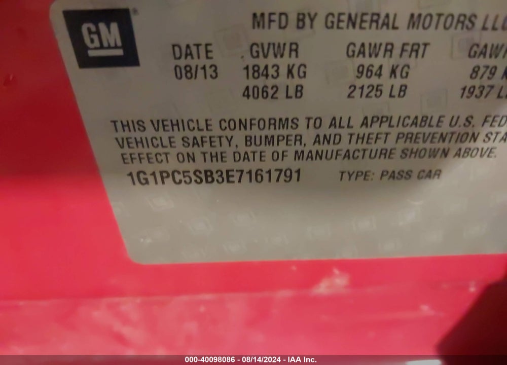 2014 CHEVROLET CRUZE 1LT AUTO VIN: 1G1PC5SB3E7161791