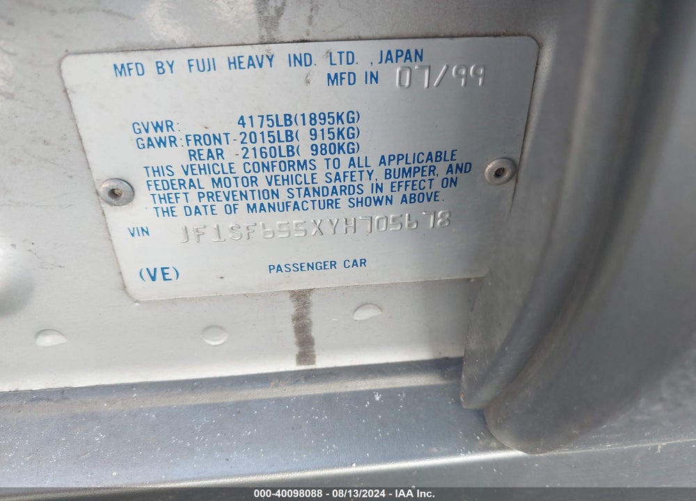 2000 SUBARU FORESTER S VIN: JF1SF655XYH705678