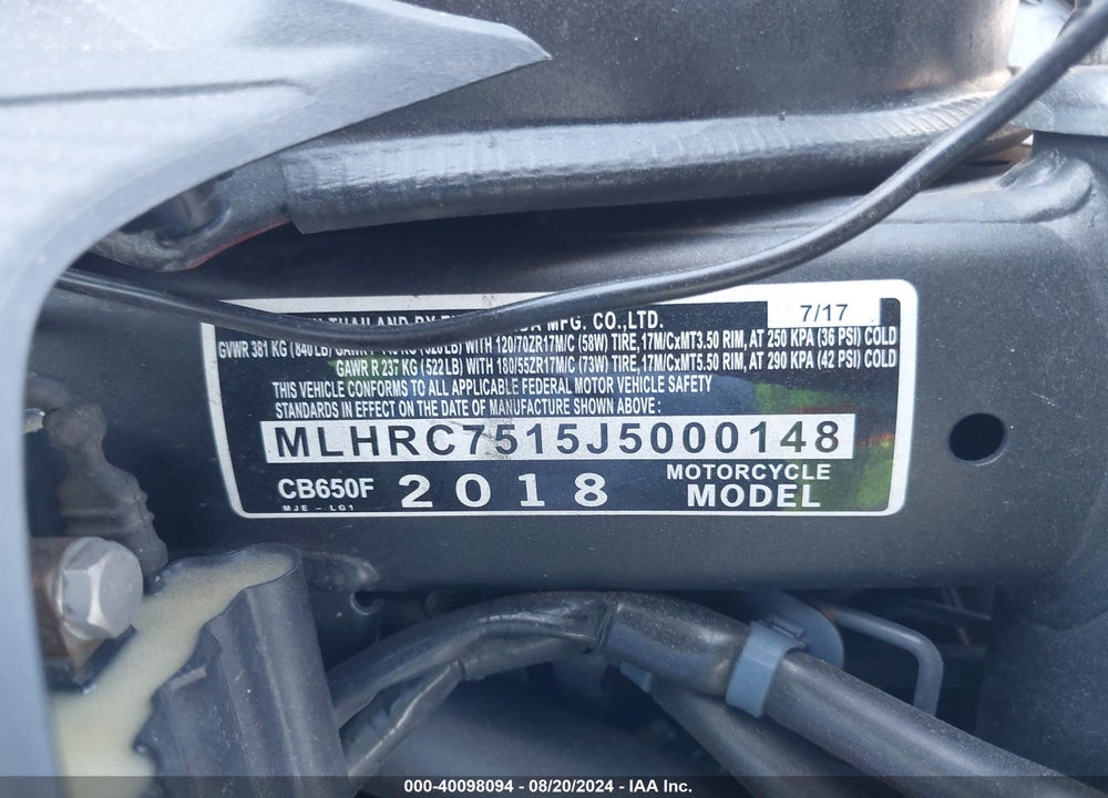 2018 HONDA CB650 F VIN: MLHRC7515J5000148