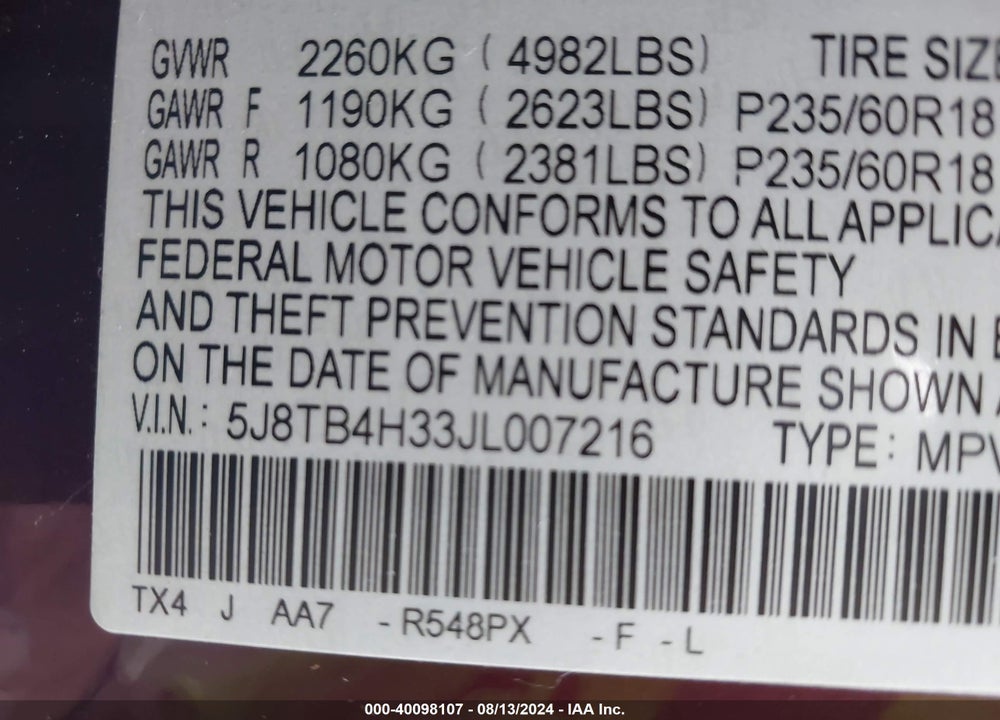2018 ACURA RDX WATCH PLUS PACKAGE VIN: 5J8TB4H33JL007216