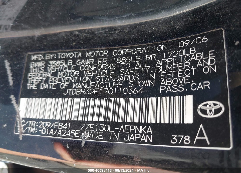2007 TOYOTA COROLLA LE VIN: JTDBR32E170110364