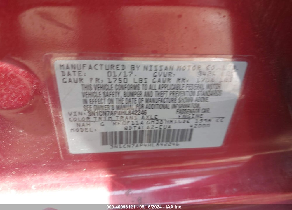2017 NISSAN VERSA 1.6 S+ VIN: 3N1CN7AP4HL842246