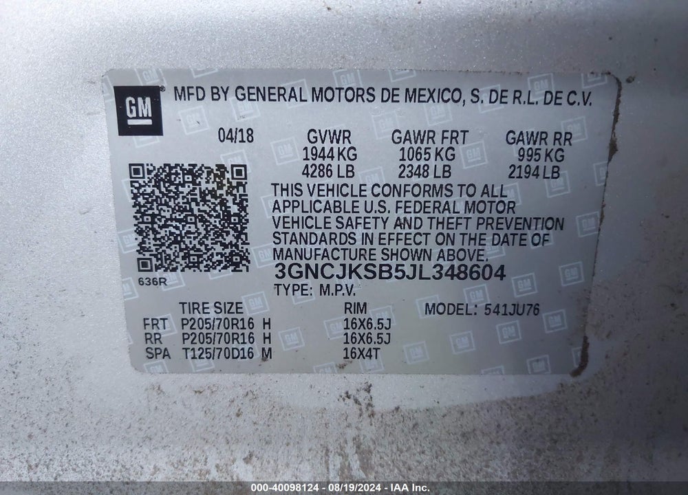 2018 CHEVROLET TRAX LS VIN: 3GNCJKSB5JL348604