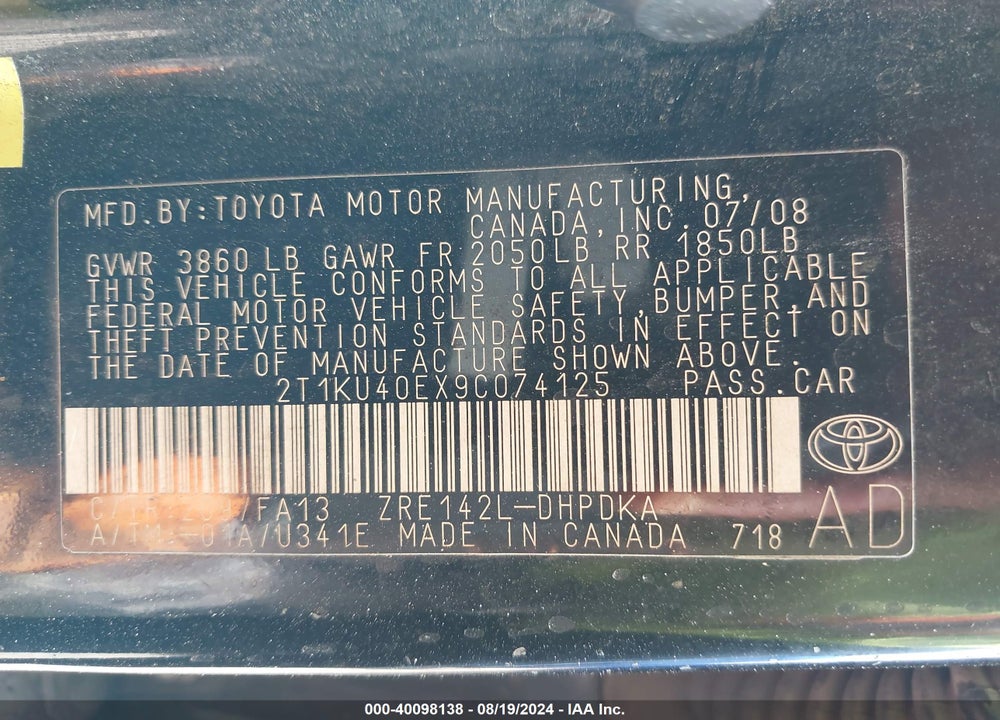 2009 TOYOTA MATRIX VIN: 2T1KU40EX9C074125