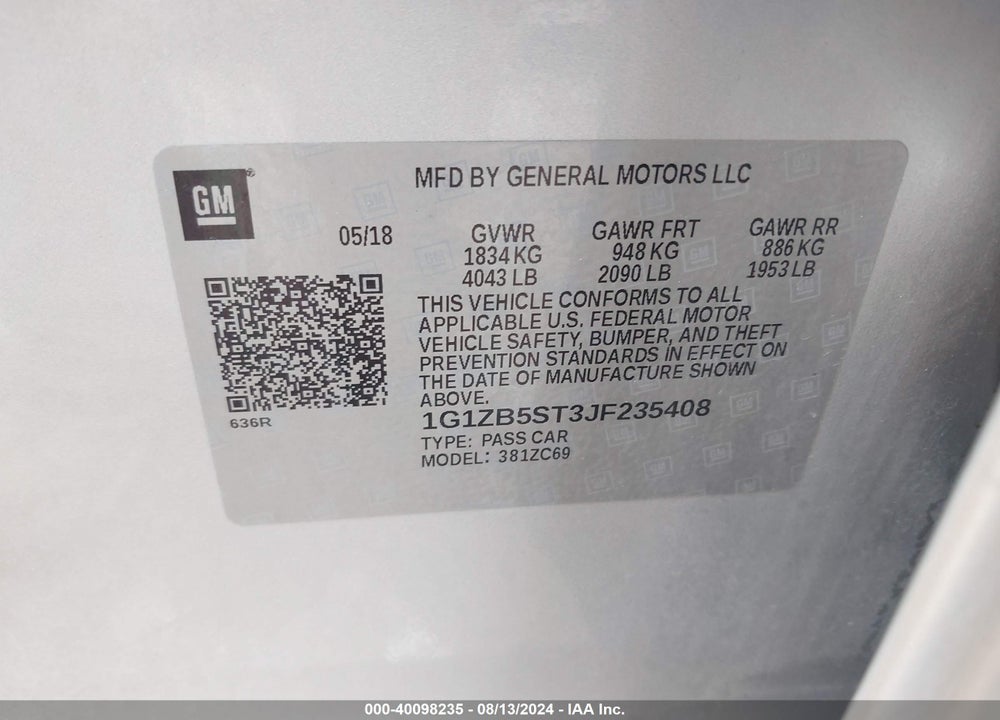 2018 CHEVROLET MALIBU 1LS VIN: 1G1ZB5ST3JF235408