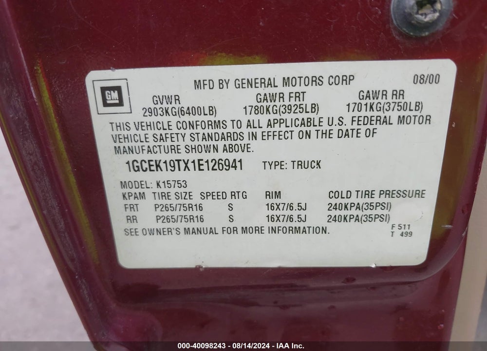 2001 CHEVROLET SILVERADO 1500 LS VIN: 1GCEK19TX1E126941