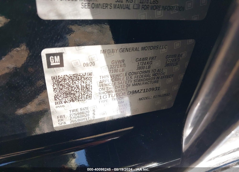 2021 GMC SIERRA 1500 4WD SHORT BOX SLT VIN: 1GTU9DED9MZ110931