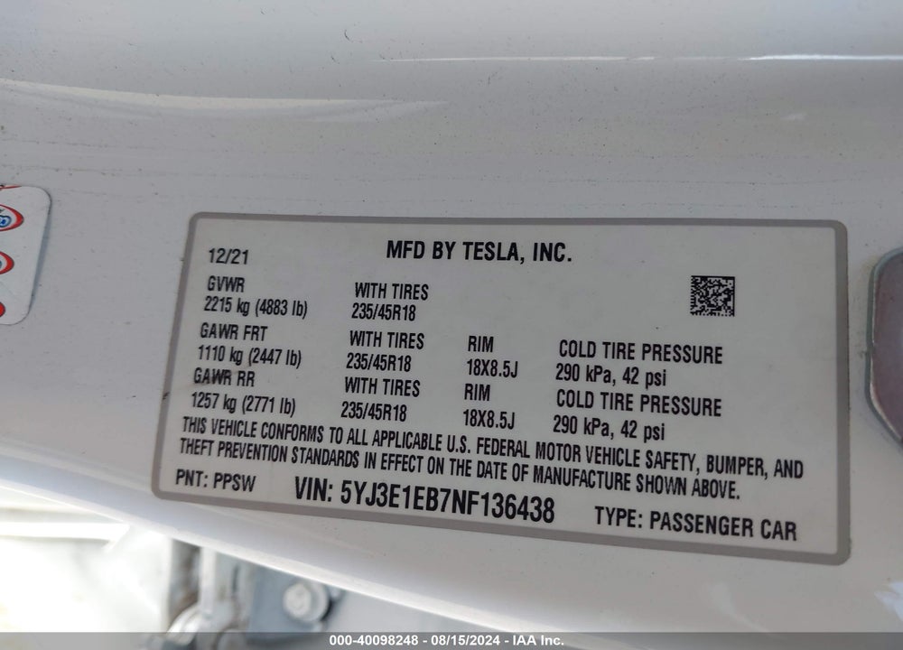 2022 TESLA MODEL 3 LONG RANGE DUAL MOTOR ALL-WHEEL DRIVE VIN: 5YJ3E1EB7NF136438