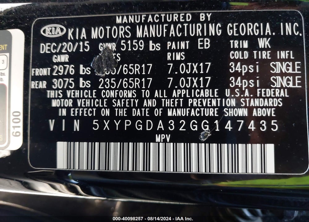 2016 KIA SORENTO 2.4L LX VIN: 5XYPGDA32GG147435