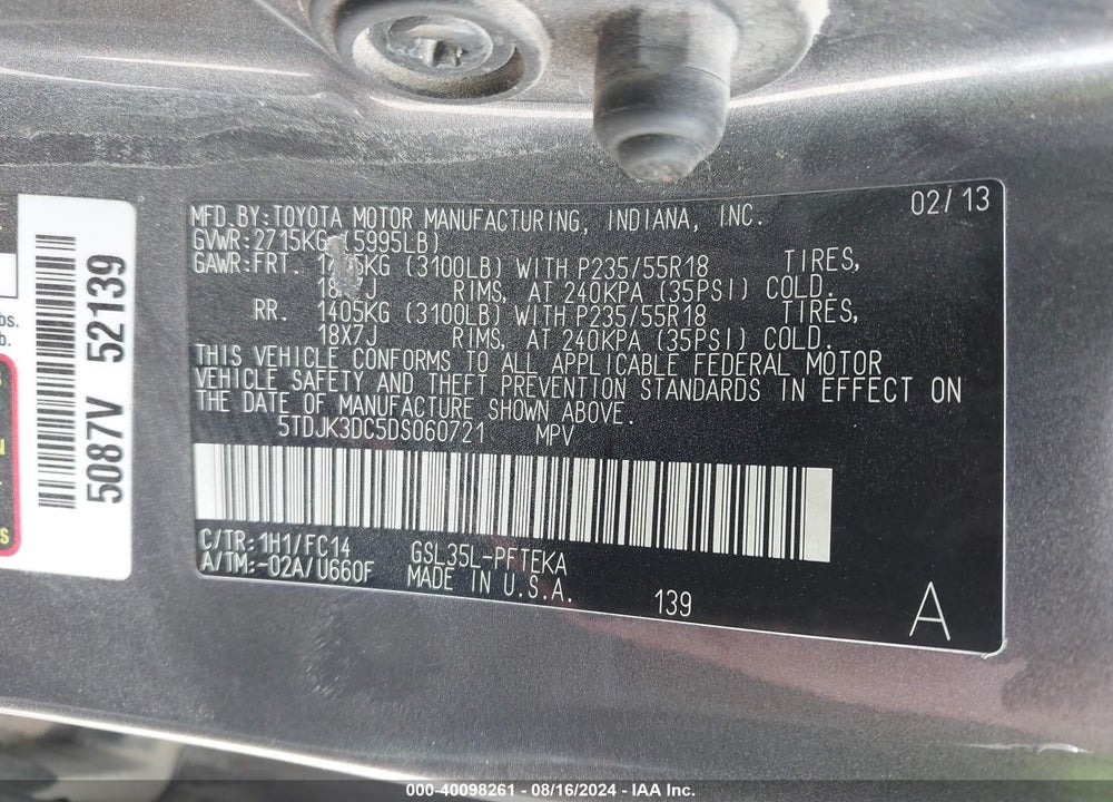 2013 TOYOTA SIENNA LE 7 PASSENGER VIN: 5TDJK3DC5DS060721