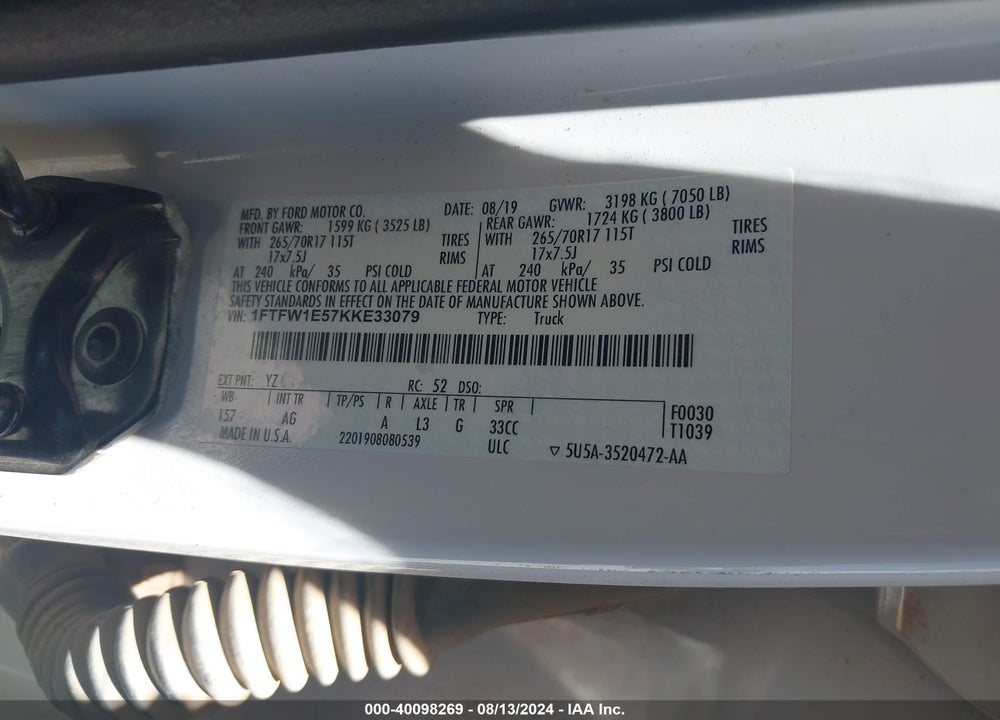 2019 FORD F-150 XL VIN: 1FTFW1E57KKE33079